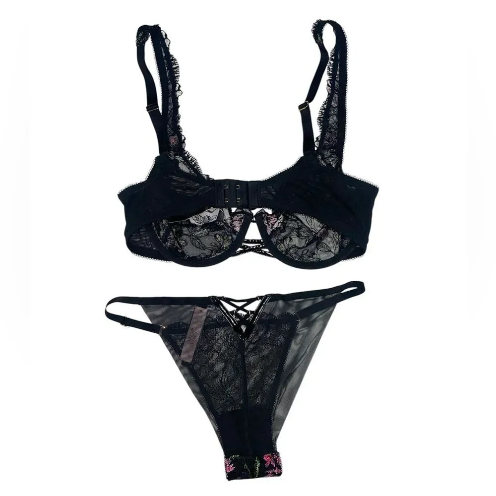 VICTORIA’S SECRET Black Embroidered Floral Very Sexy Unlined Bra and Panty Set